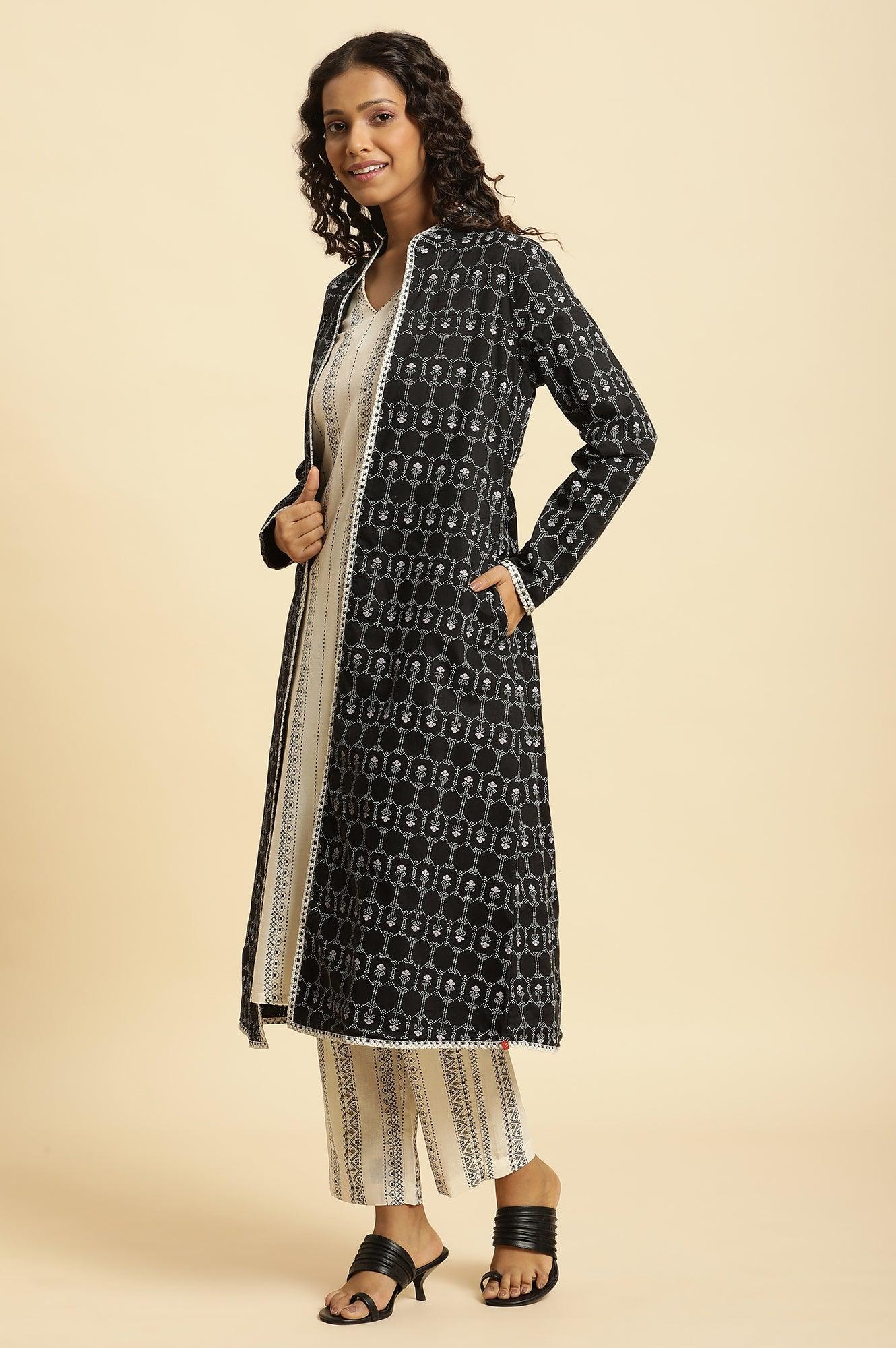 Buy Black Reversible Front Open Jacket In White Print Online for