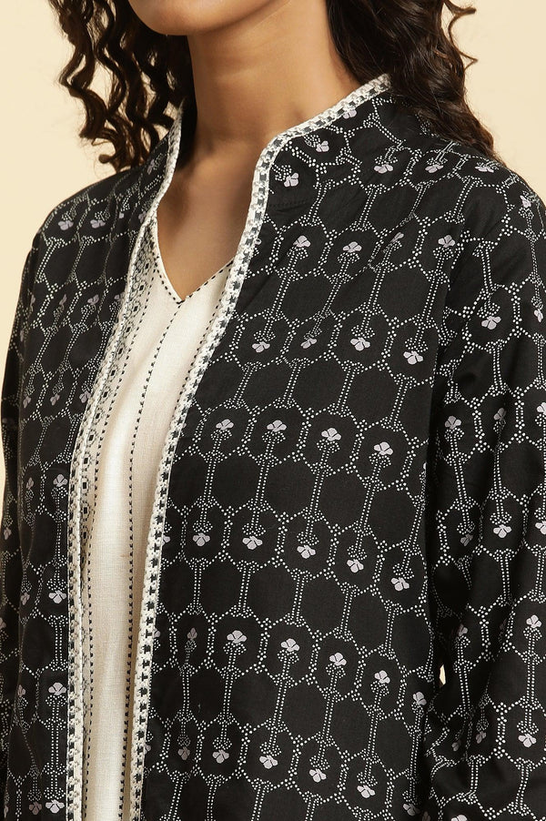Black Reversible Front Open Jacket In White Print