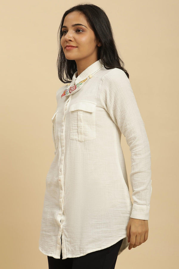 Ecru Button Down Shirt With Embroidered Neck Piece
