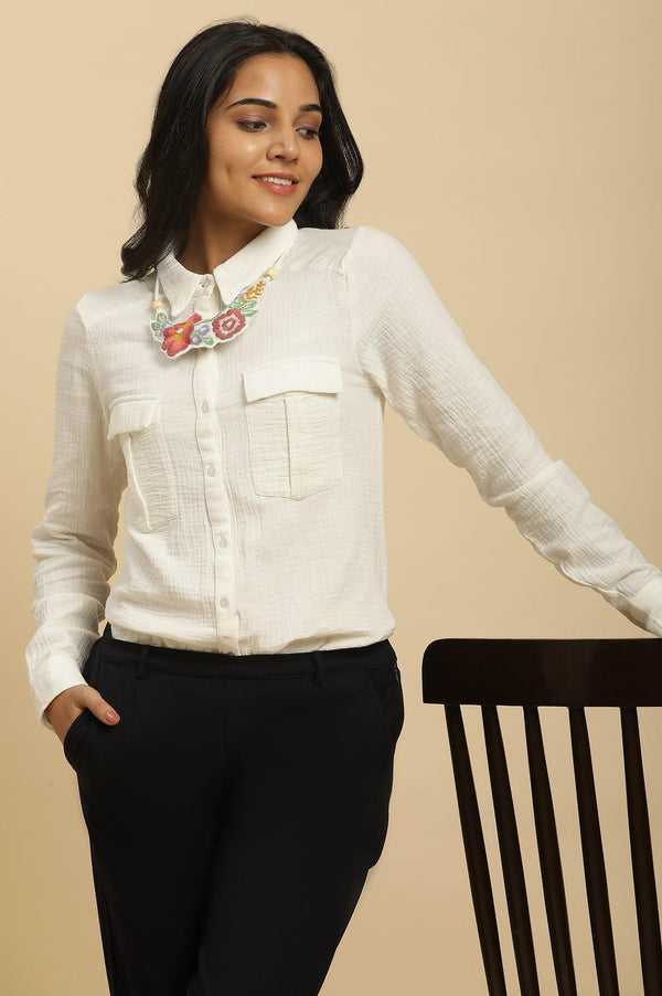 Ecru Button Down Shirt With Embroidered Neck Piece