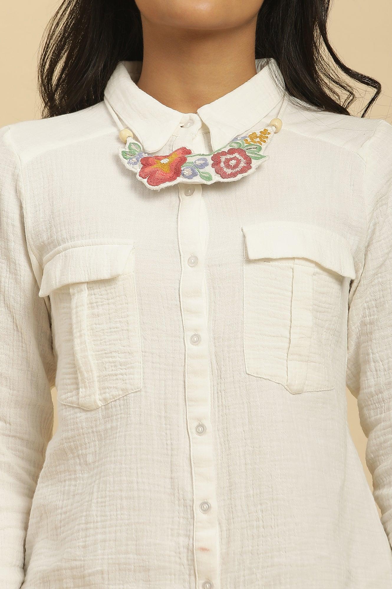 Ecru Button Down Shirt With Embroidered Neck Piece - wforwoman