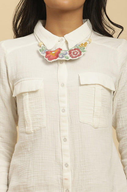 Ecru Button Down Shirt With Embroidered Neck Piece - wforwoman