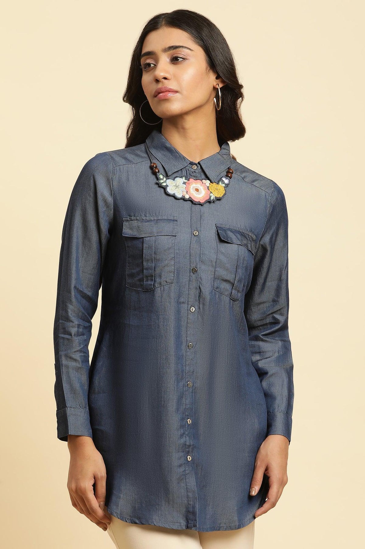 Blue Denim Western Shirt With Embroidered Neck Piece - XS