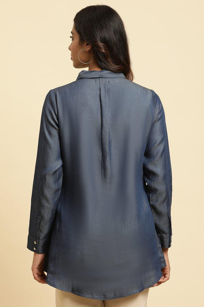 Blue Denim Western Shirt With Embroidered Neck Piece - wforwoman