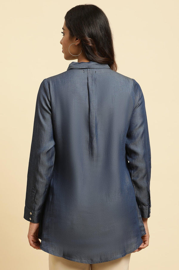 Blue Denim Western Shirt With Embroidered Neck Piece