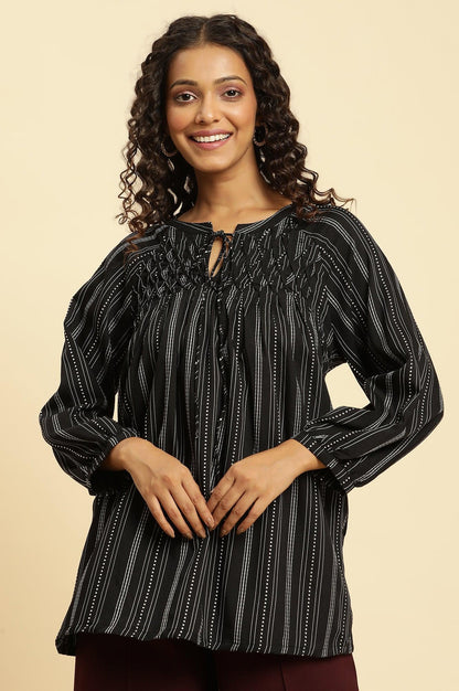 Black Smocked Stripe Western Top - wforwoman