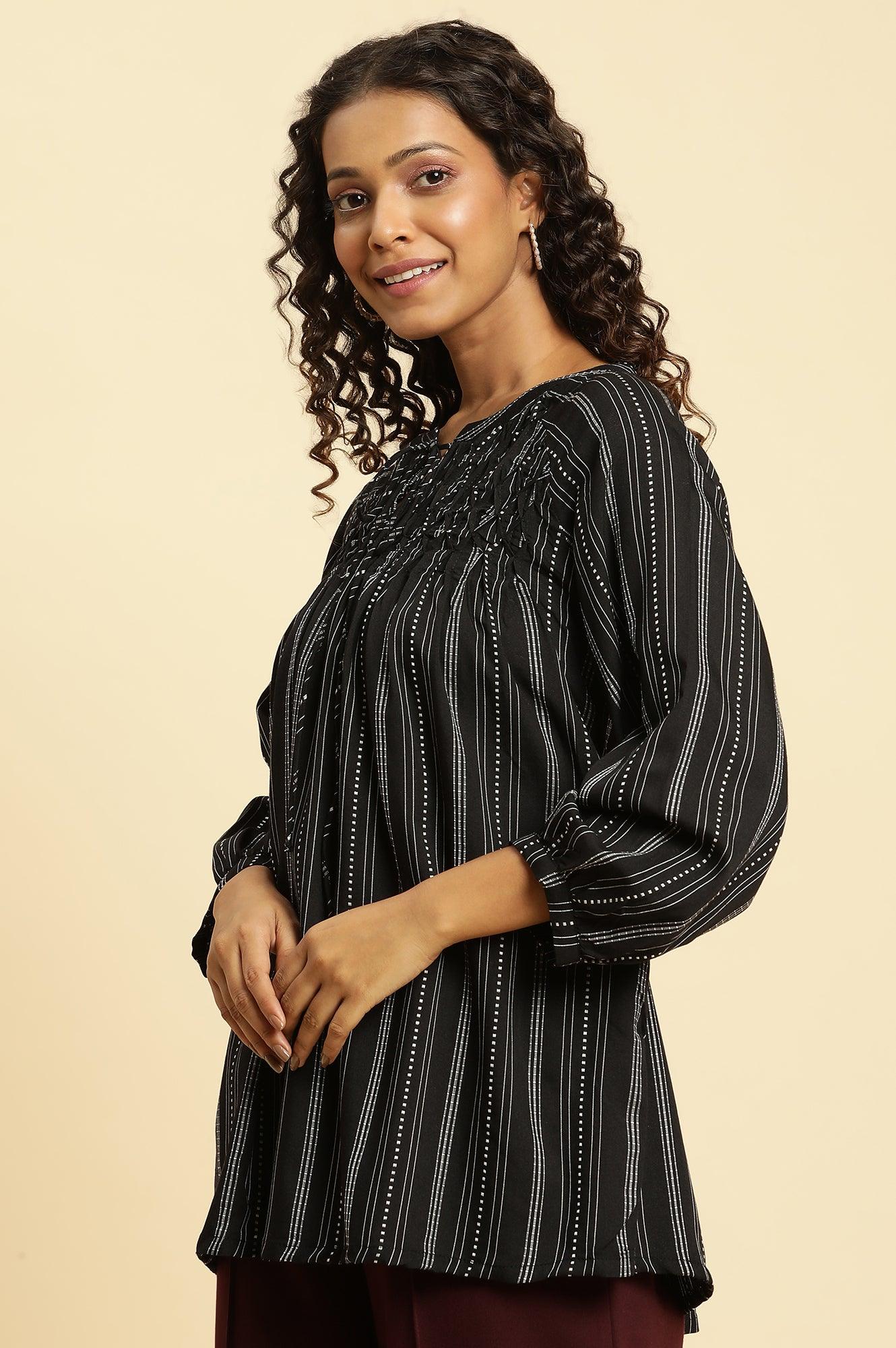 Black Smocked Stripe Western Top - wforwoman