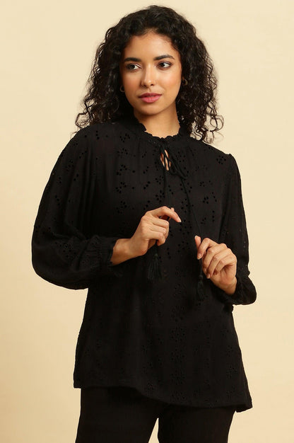 Black Schiffli Western Top With Neck Tie Up - wforwoman