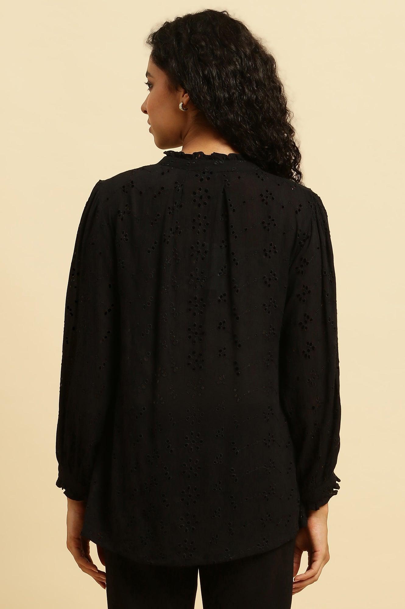 Black Schiffli Western Top With Neck Tie Up - wforwoman