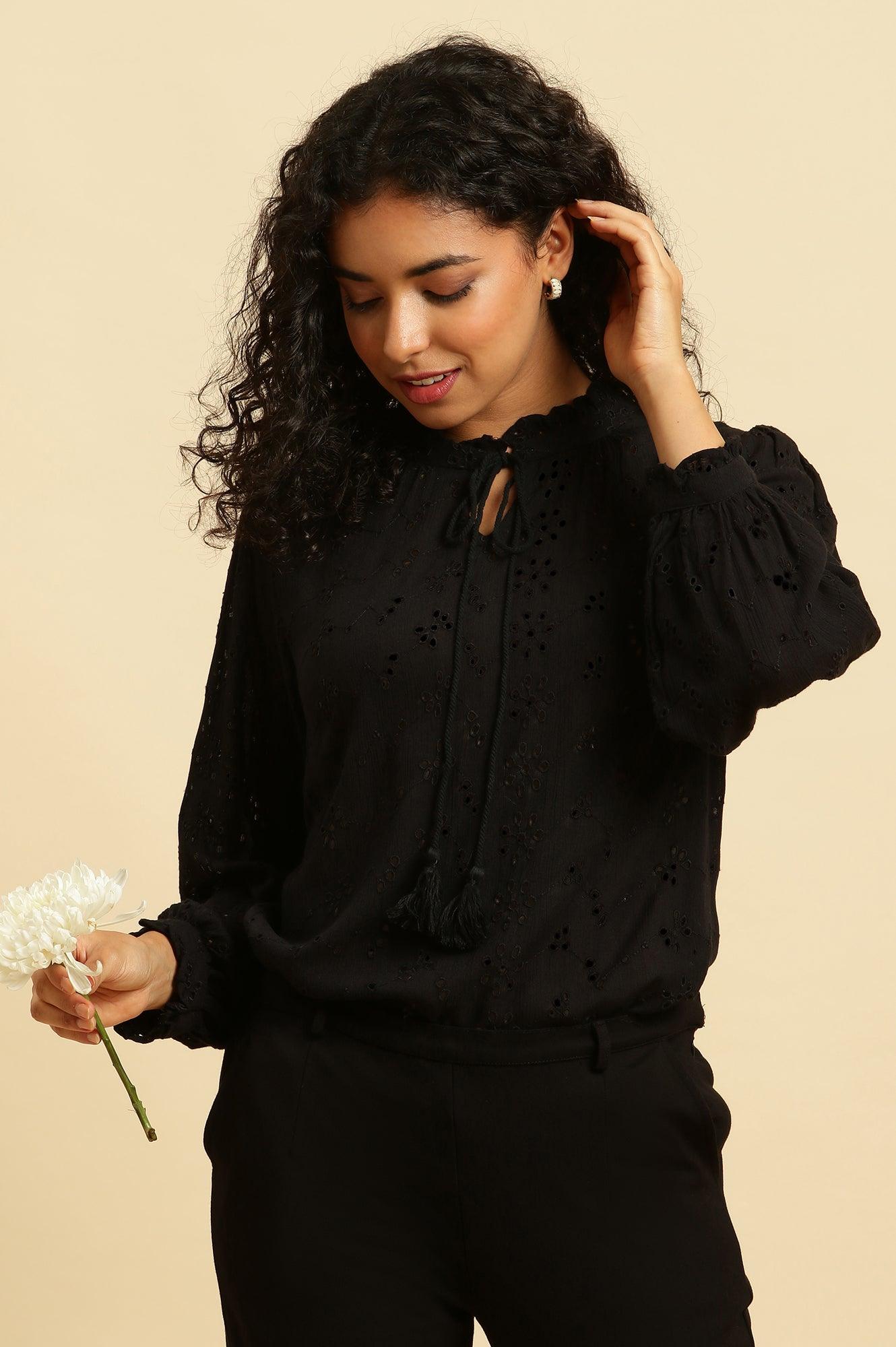 Black Schiffli Western Top With Neck Tie Up - wforwoman