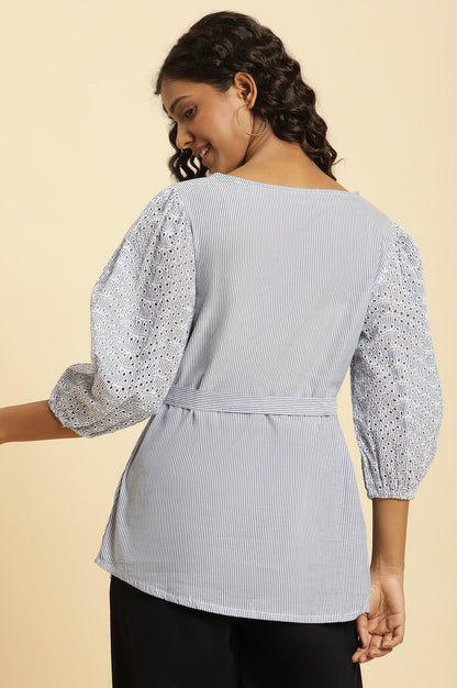 Blue And White Stripe Printed Top With Embroidered Sleeves - wforwoman