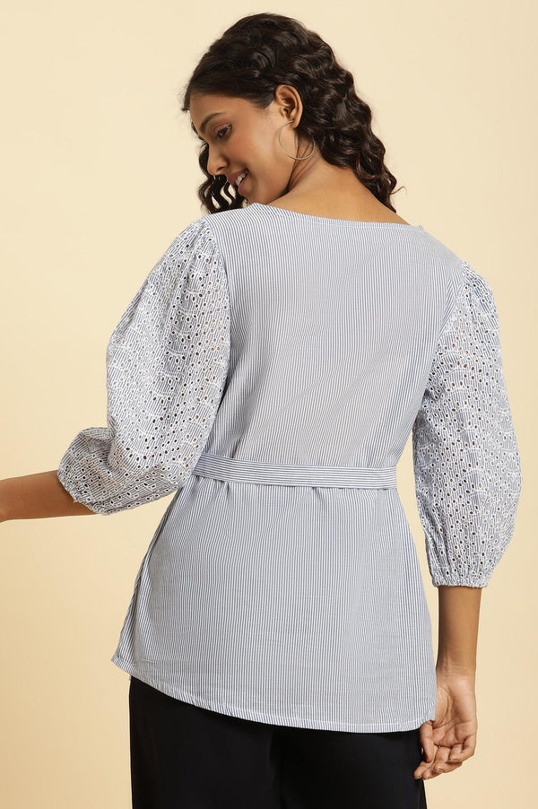 Blue And White Stripe Printed Top With Embroidered Sleeves