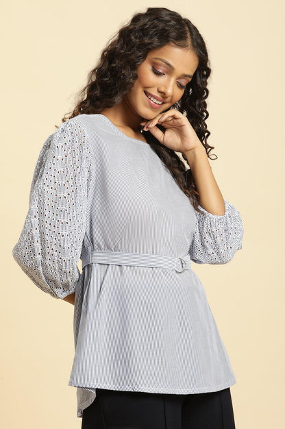 Blue And White Stripe Printed Top With Embroidered Sleeves - wforwoman