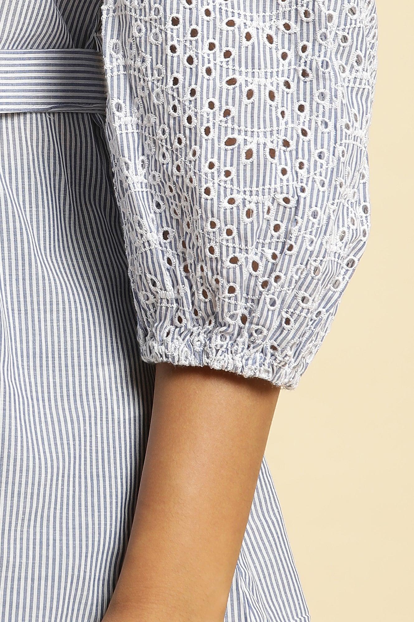 Blue And White Stripe Printed Top With Embroidered Sleeves - wforwoman