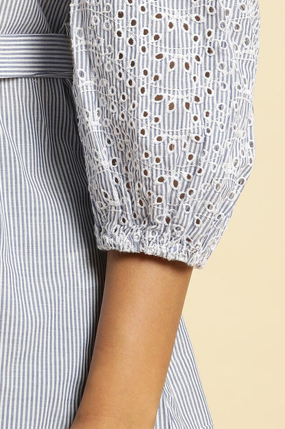 Blue And White Stripe Printed Top With Embroidered Sleeves - wforwoman