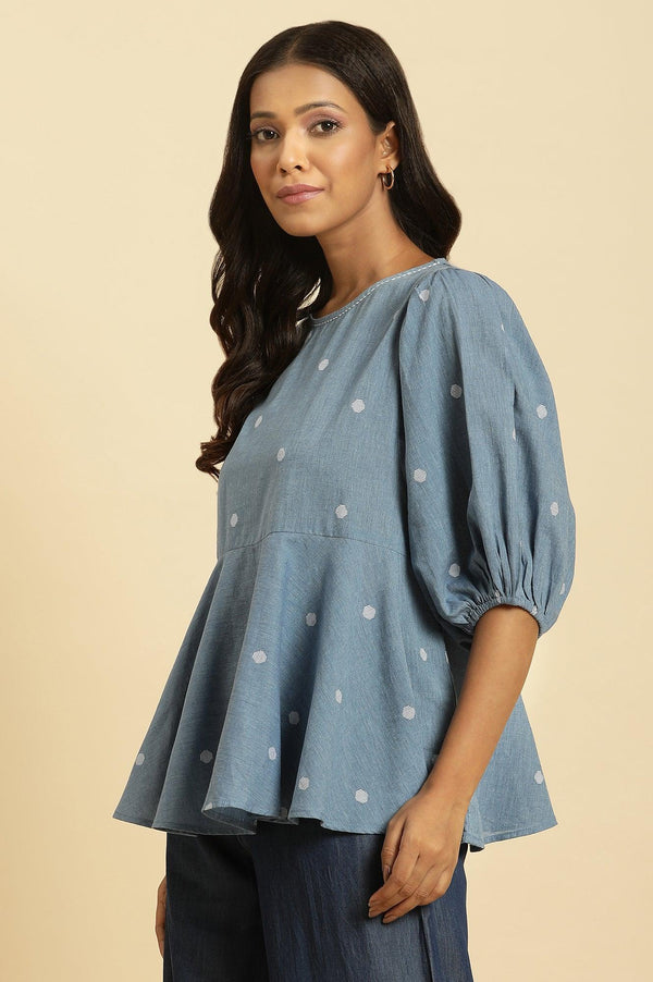 Blue Cotton Polka‑Dot Peplum Top for Women