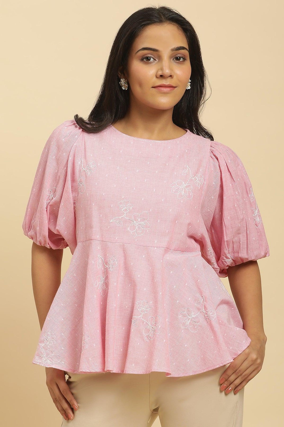Pink Embroidered Western Peplum Top - XS