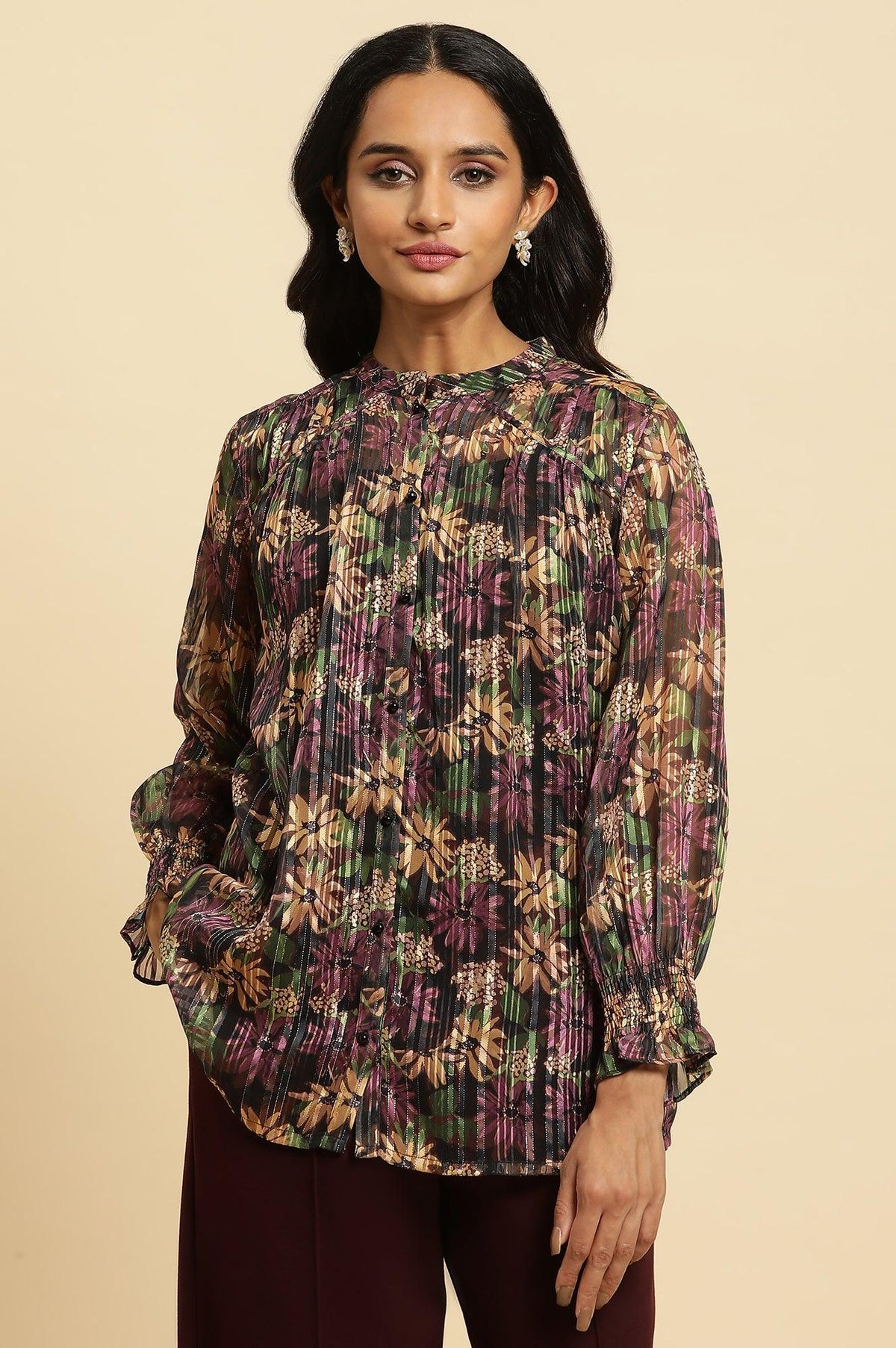 Purple Floral Printed Chiffon Lurex Top - XS