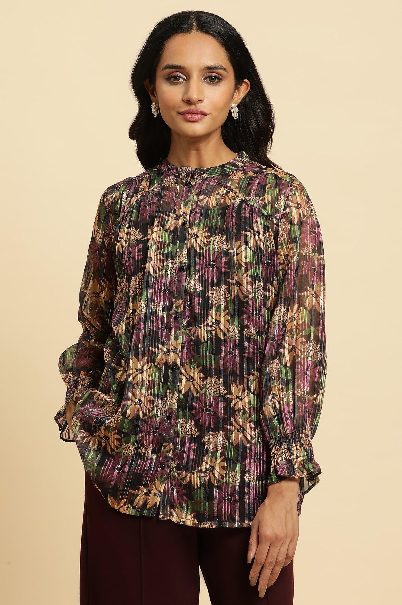 Purple Floral Printed Chiffon Lurex Top - wforwoman