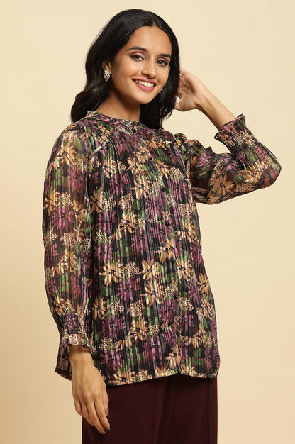 Purple Floral Printed Chiffon Lurex Top - wforwoman