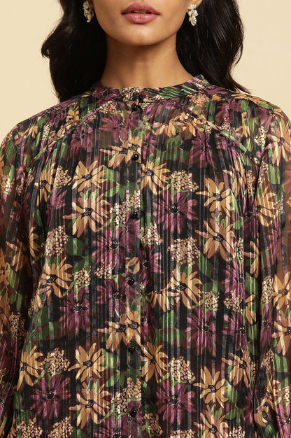 Purple Floral Printed Chiffon Lurex Top - wforwoman