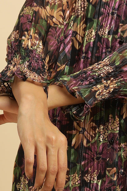 Purple Floral Printed Chiffon Lurex Top - wforwoman