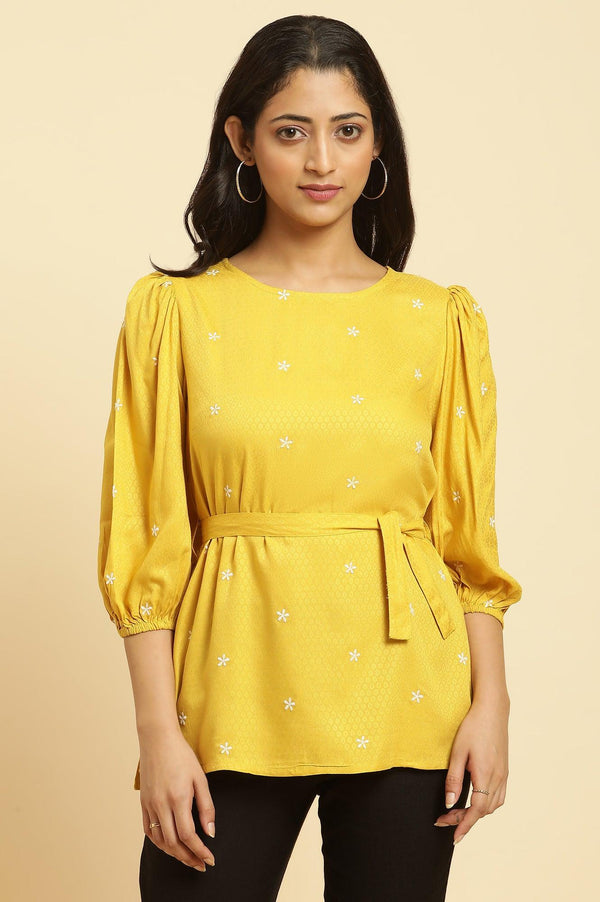 Yellow Minimal Embroidered Western Top With Belt
