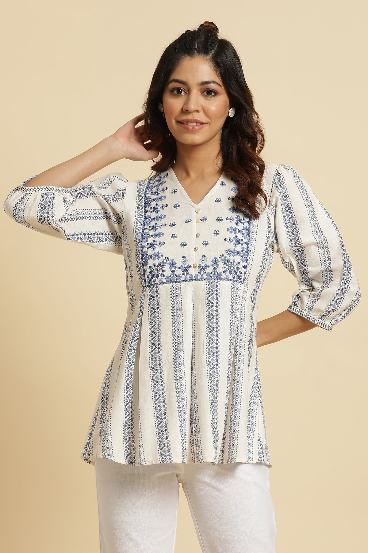 Ecru Peplum Top In Blue Print - XS