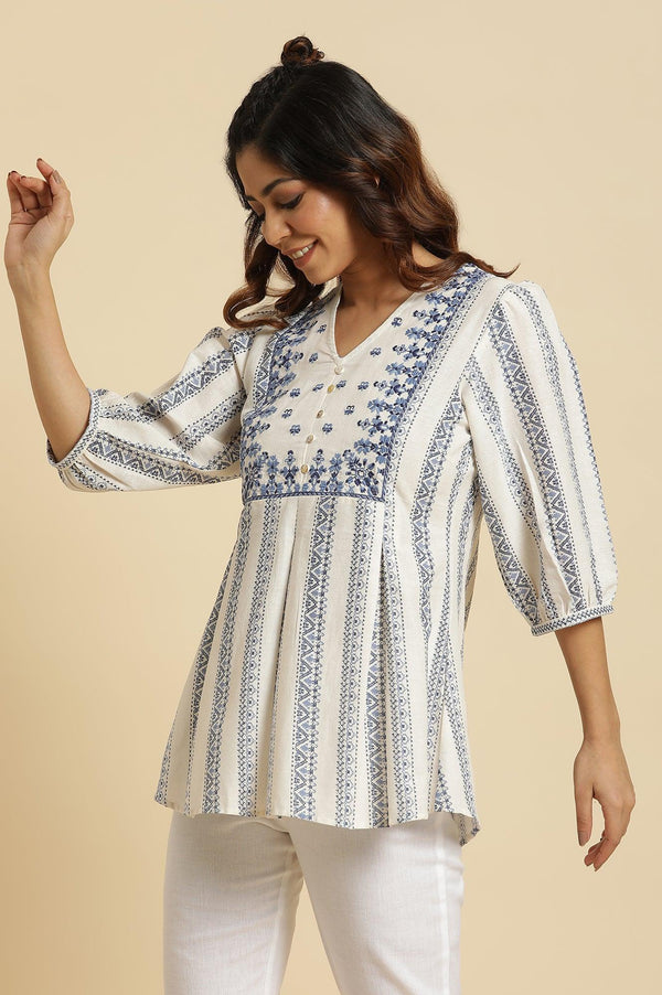 Ecru Peplum Top In Blue Print