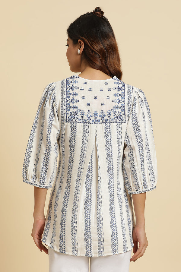 Ecru Peplum Top In Blue Print