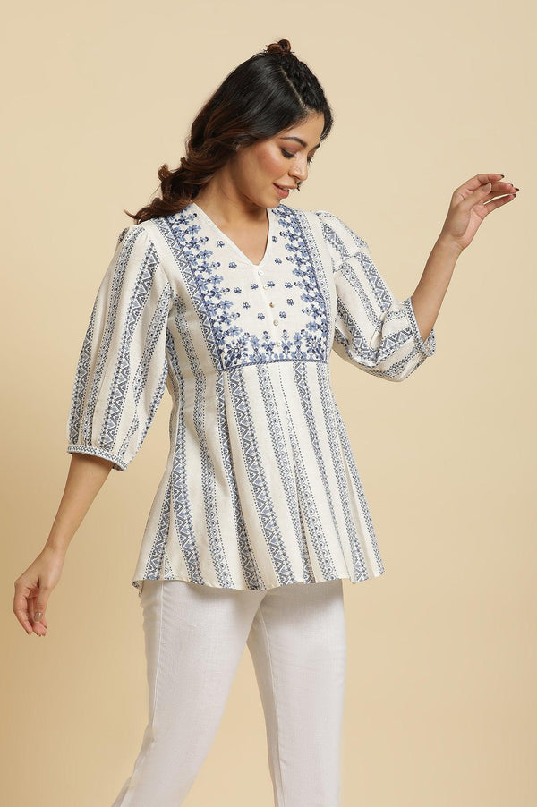 Ecru Peplum Top In Blue Print