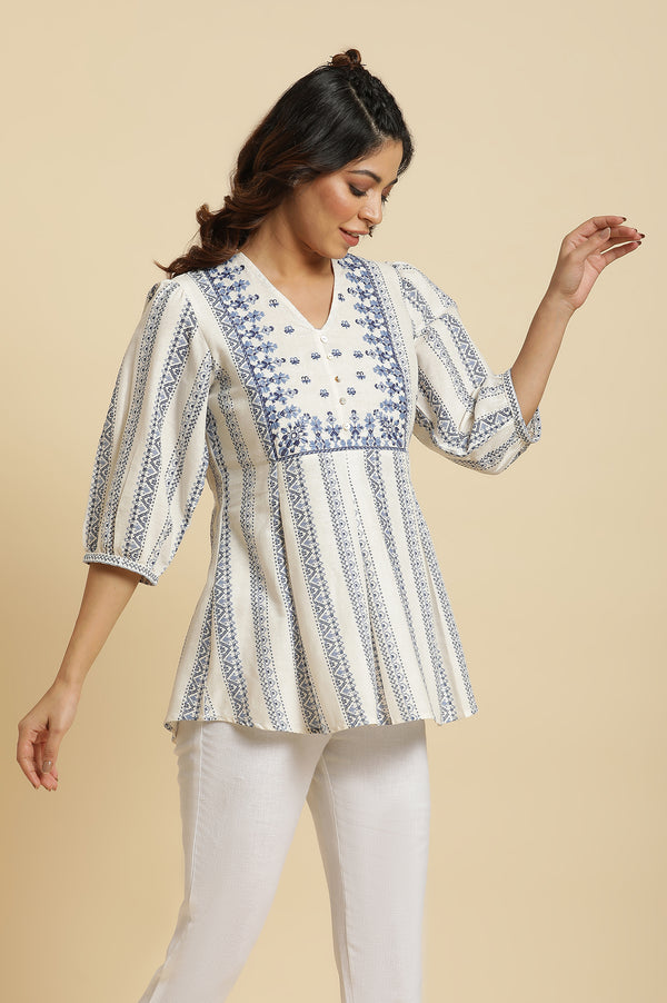 Ecru Peplum Top In Blue Print