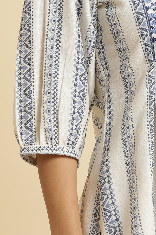 Ecru Peplum Top In Blue Print