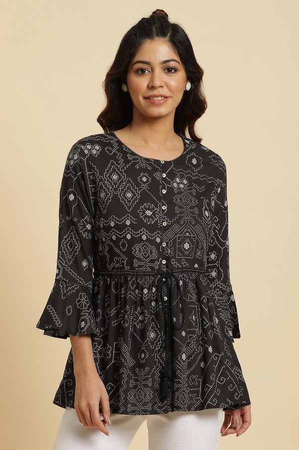 Black Printed A-Line Rayon Peplum Top