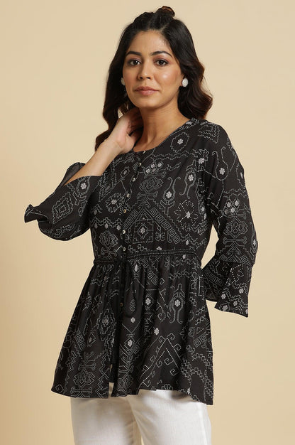 Black A-Line Peplum Printed Top - wforwoman