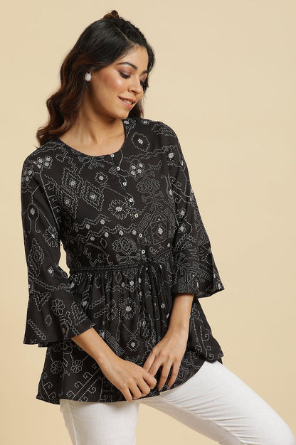 Black A-Line Peplum Printed Top - wforwoman