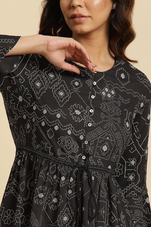 Black Printed A-Line Rayon Peplum Top