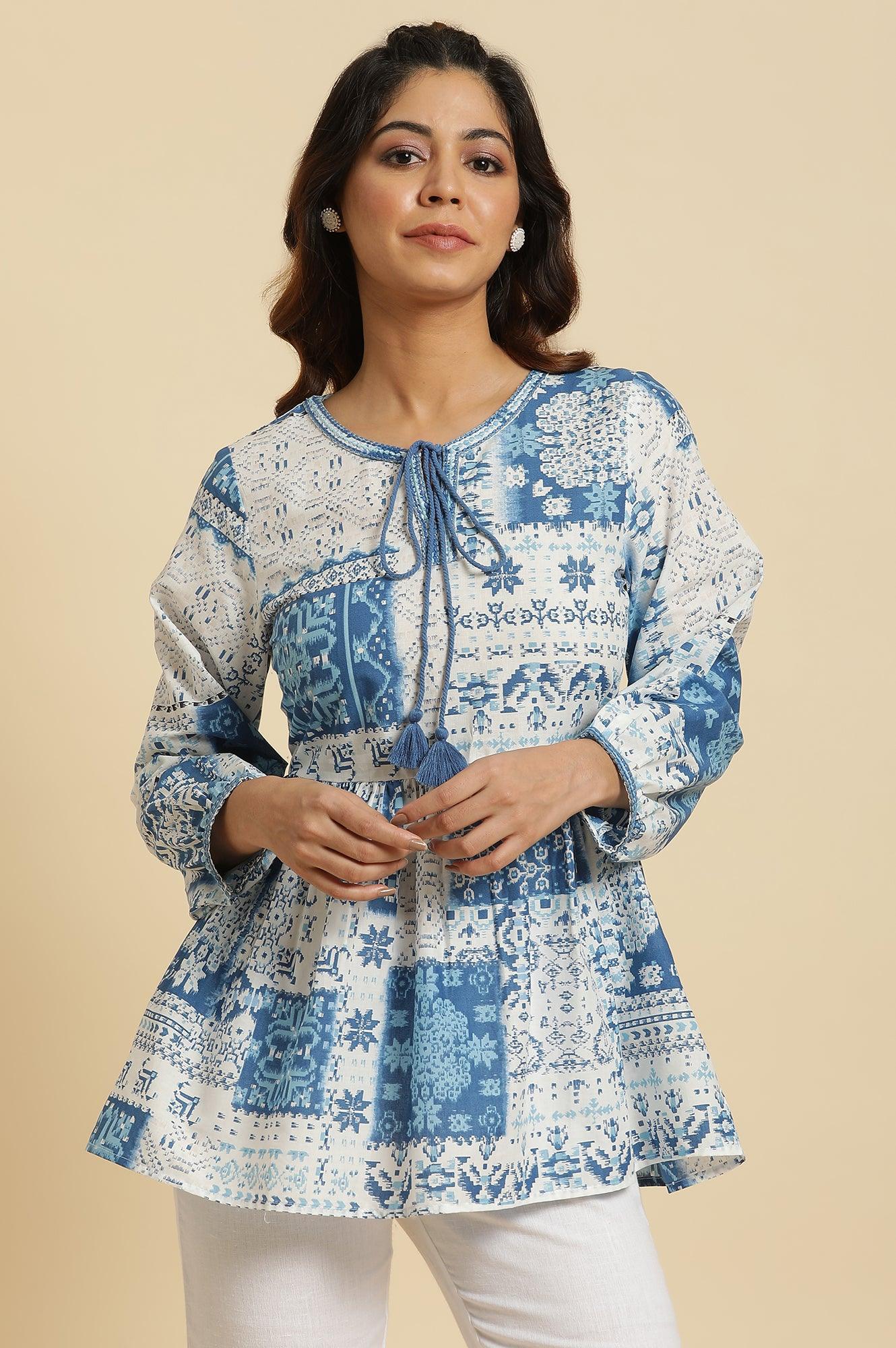 Ecru &amp; Blue Gathered Top With Tie-Up Neck - wforwoman