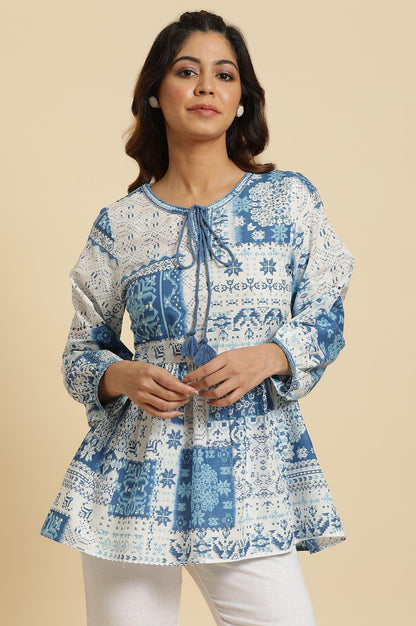 Ecru &amp; Blue Gathered Top With Tie-Up Neck - wforwoman