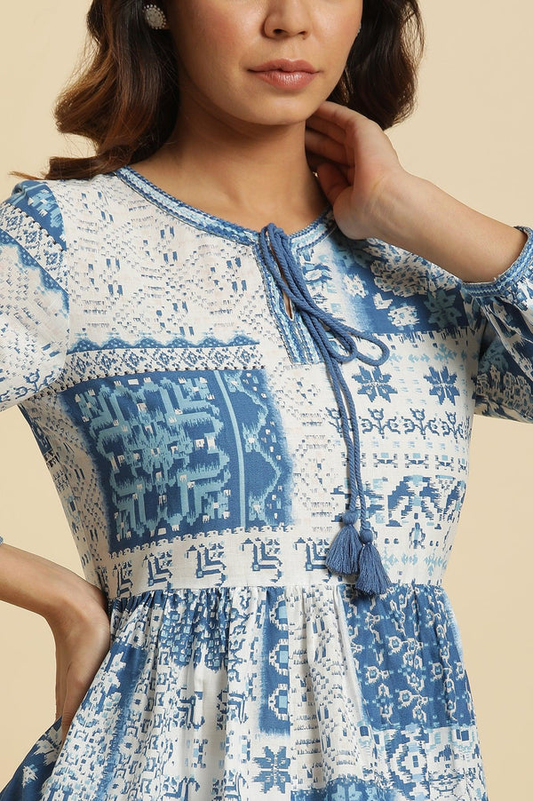 Ecru & Blue Gathered Top With Tie-Up Neck