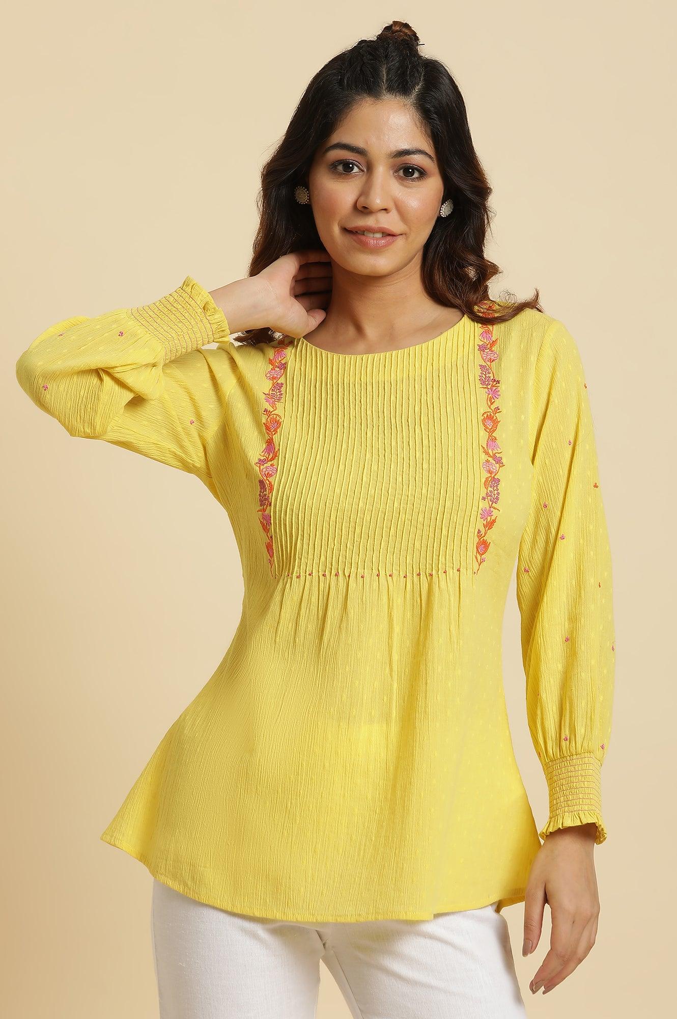 Yellow Embroidered Pintuck Top - wforwoman