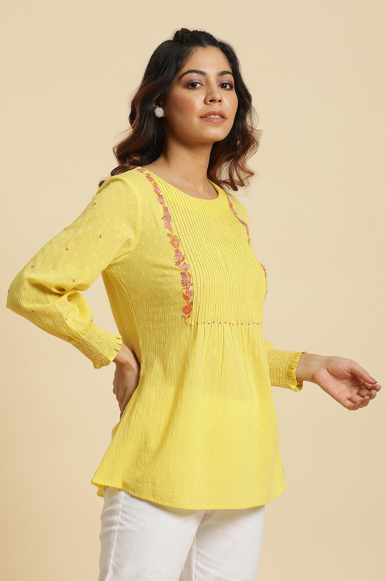 Yellow Embroidered Pintuck Top - wforwoman