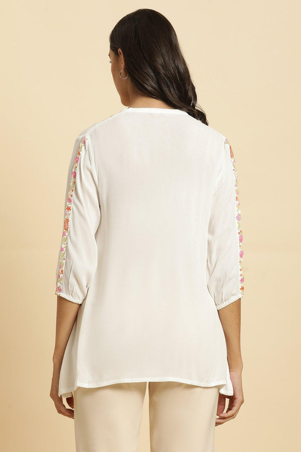 White Thread Embroidered Solid Straight Crepe Top