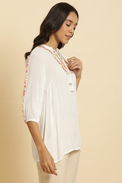 Ecru Embroidered Solid Top - wforwoman