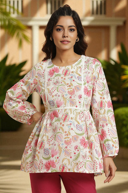 Ecru Gathered Top With Bright Floral Print