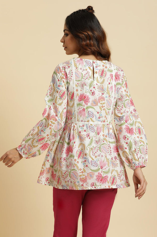 Ecru Gathered Top With Bright Floral Print