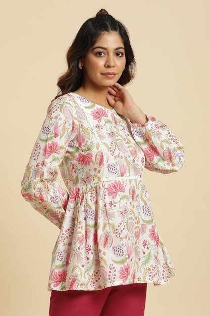 Ecru Gathered Top With Bright Floral Print - wforwoman