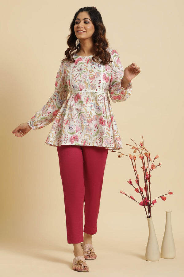 Ecru Gathered Top With Bright Floral Print