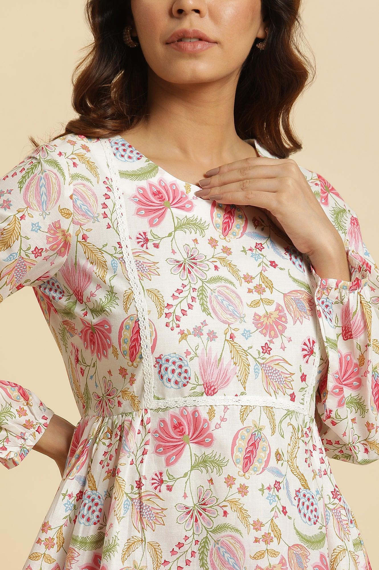 Ecru Gathered Top With Bright Floral Print - wforwoman