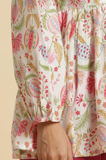 Ecru Gathered Top With Bright Floral Print - wforwoman